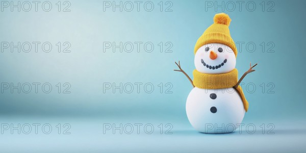 Cute snowman with knitted hatand scarf on blue background with copy space. Generative AI, AI