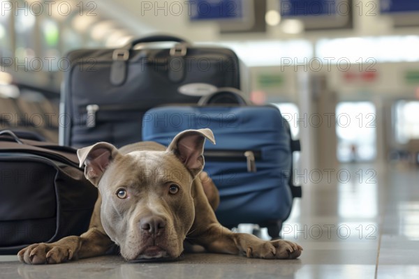 Traveling with a Pit Bull terrier. Dog with luggage in background at airport or train station. KI