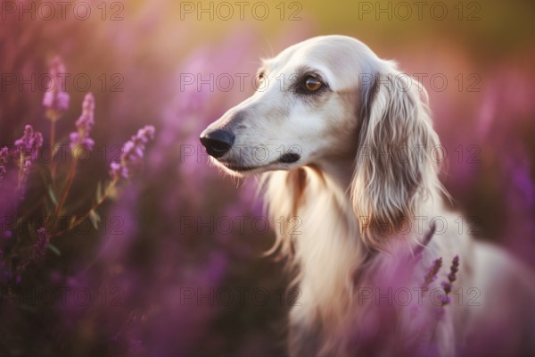 White Saluki dog between purple heather flowers. KI generiert, generiert AI generated