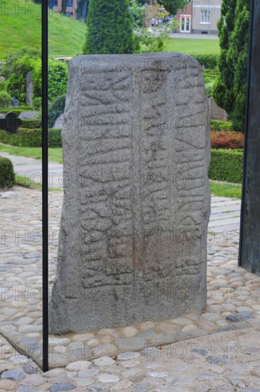 Carved Runestone, 10th century, World Heritage Site, Jelling Stones, Jelling, Jutland, Denmark,