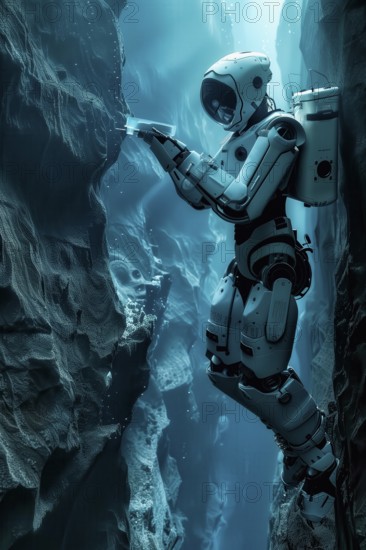 Robot studying and collecting samples in a deep sea canyon with hydrothermal vents, AI generated