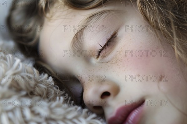 Close up of sleeping face of beautiful girl with long lashes. Generative Ai, AI generated