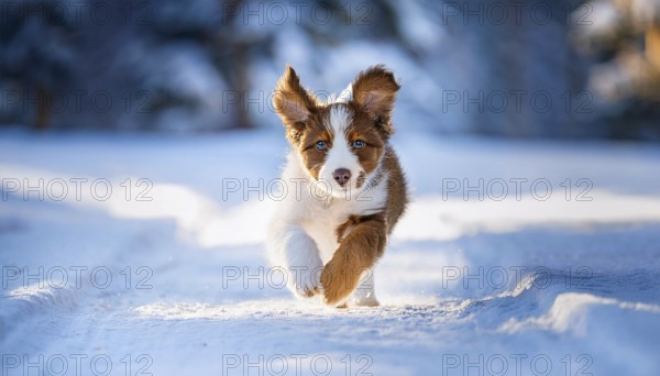 KI generated, dog, dogs, puppy, one, two, three, play, snow, winter, autumn leaves, blue sky,