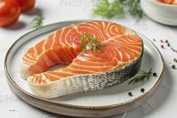 Raw salmon fish steak on plate. KI generiert, generiert, AI generated