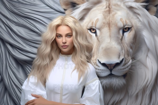 Beautiful young woman with long blonde hair with her white pet lion, AI generated