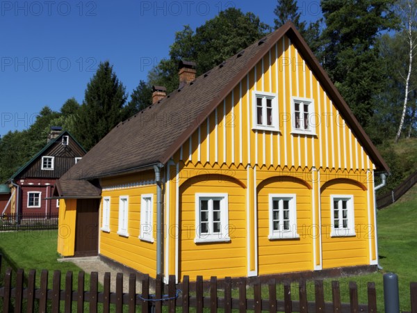 Yellow half-timbered house, villages and green landscape, Marenice, Lusatian Mountains, Bohemia,