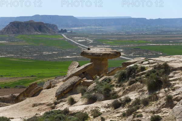 Landscape with unique rock formations and a green valley under a clear blue sky, Bardenas Reales