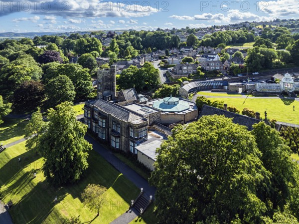 Cliffe Castle and Gardens from a drone, Keighley, West Yorkshire, England, United Kingdom, Europe