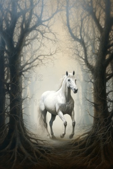 White horse in an imaginary forest, 19th century style, AI generated