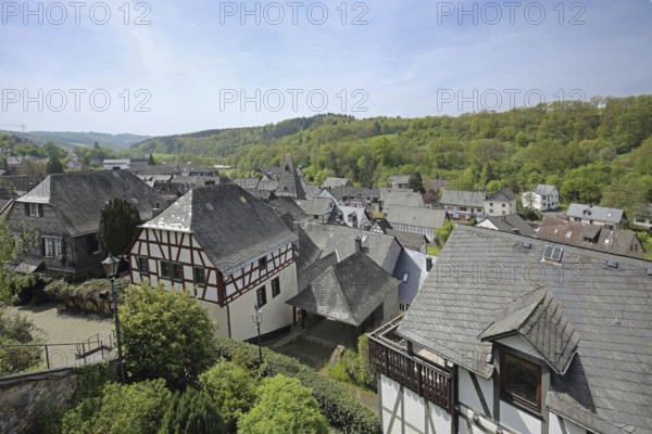 Townscape with slate roofs, slate roof, slate house, view, landscape, Herrstein, Hunsrück,