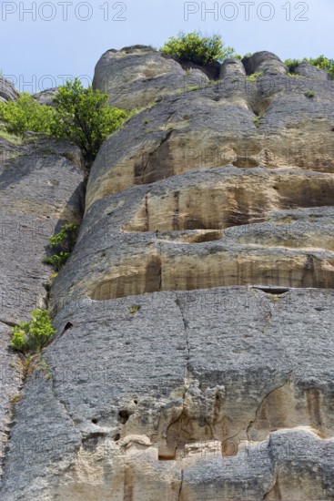 Rock face with lush vegetation under a blue sky at a sunny time of day, rock relief, Horsemen of