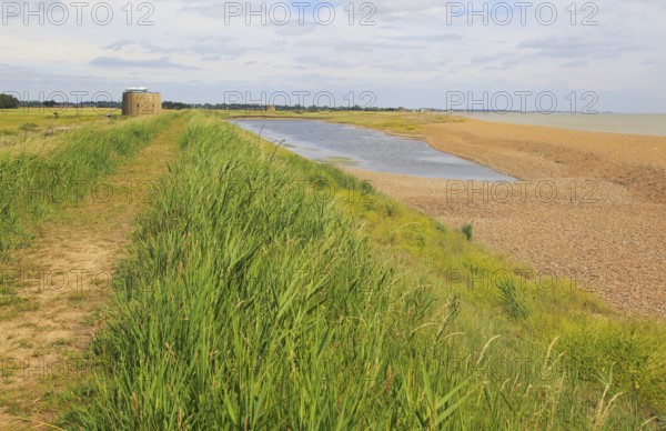 Coastal landforms shingle beach lagoon and bay bar, view north to Shingle Street, Bawdsey, Suffolk,