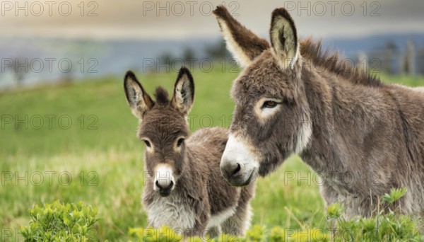 Mother donkey and foal look attentively into the distance, surrounded by green, rural landscape