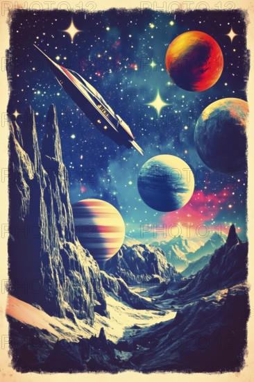 Vintage poster from the 60s and 70s representing a spaceship, AI generated