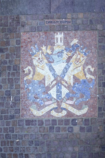 Colourful city coat of arms of the English twin town Christchurch in England, floor mosaic, lion
