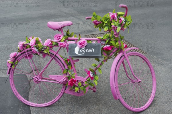 Flower-decorated pink bicycle, bike, pink, decorated, flowers, hippie, mobile, mobility, painted,