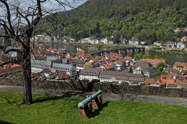 View from the castle to Heidelberg with old bridge and the Neckar in front old cannon, castle
