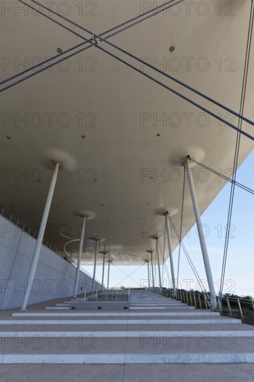 Stairs to the viewing terrace under a floating flat roof, cultural centre of the Stavros Niarchos
