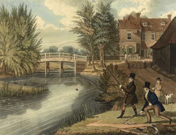 Men fishing by the river, Fly fishing, c. 1850, England, Historical, digitally restored