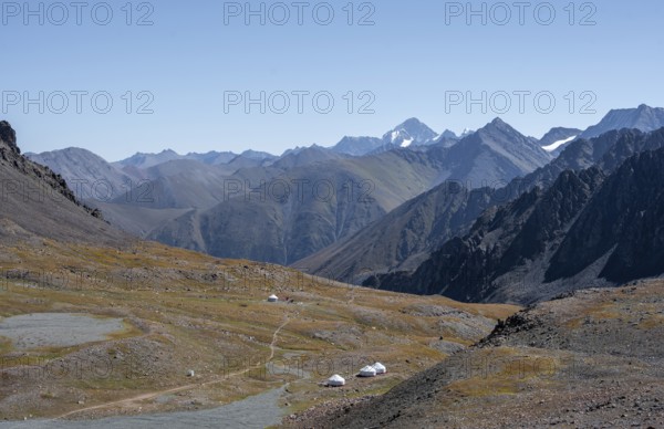 Yurts in the highlands, Keldike Valley on the way to the Ala Kul Pass, Tien Shan Mountains,