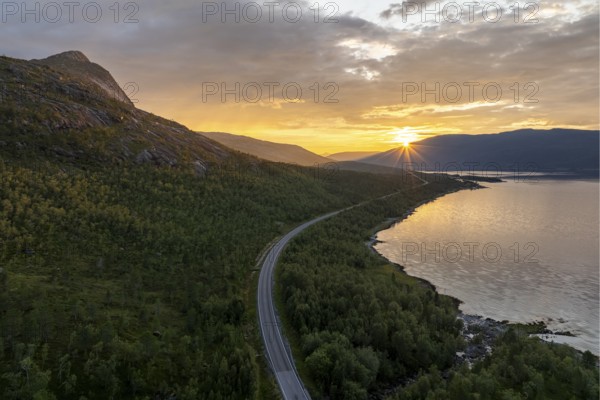 Road at the Efjord, near Narvik, Tysfjord, Ofoten, Nordland, Norway, Europe