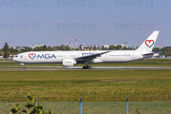 Mavi Gök Airlines MGA Boeing 777-300ER aircraft with registration TC-MGG at the airport in Warsaw,