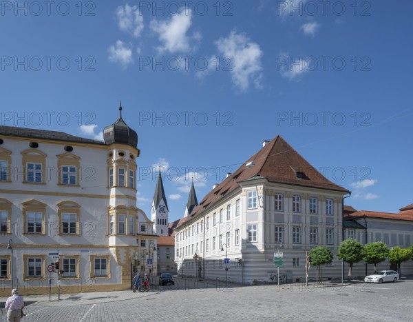 Historic buildings at Leonrodplatz, left Ulmer Hof, right Bischofspalais behind towers of the