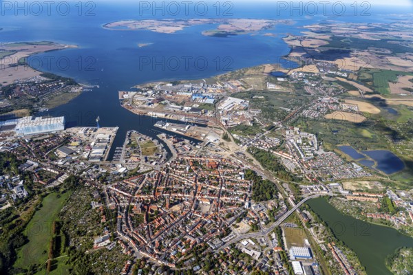 Aerial view, Wismar, centre, town, harbour, shipyard, Poel, Baltic Sea, bay