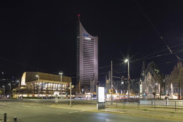 Augustusplatz at night with Gewandhaus, City-Hochhaus, Neues Augusteum, Paulinum and University
