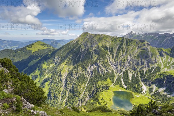 Lower Gaisalpsee, behind it the Entschenkopf (2043m), Allgäu Alps, Allgäu, Bavaria, Germany, Europe