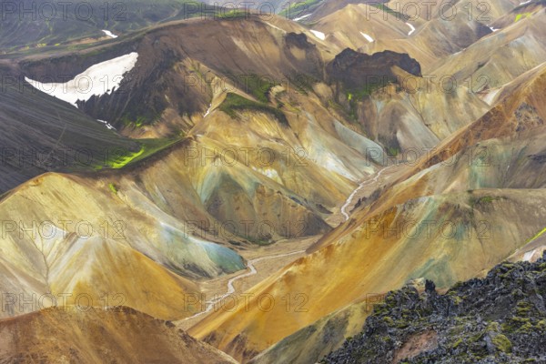Small river between colourful rhyolite mountains, volcanic landscape, erosion landscape, view from