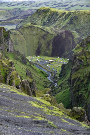Campsite in a canyon, Moss-covered volcanic mountain landscape, Pakgil, Iceland, Europe