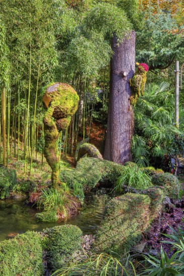 Moss sculptures on the Gilf promenade in the spa area, Merano, Burggrafenamt, Adige Valley, South