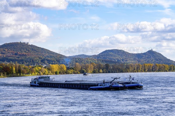 Cargo ship on the Rhine near Bonn, valley driver, in the background the Siebengebirge, North