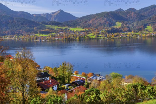 Panorama of town and lake with view to the lakeshore of Bad Wiessee in autumn, town Tegernsee,