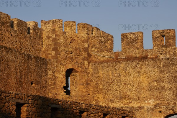 Evening light, courtyard, corner tower, battlements, Frangokastello, Venetian fortress, castle,