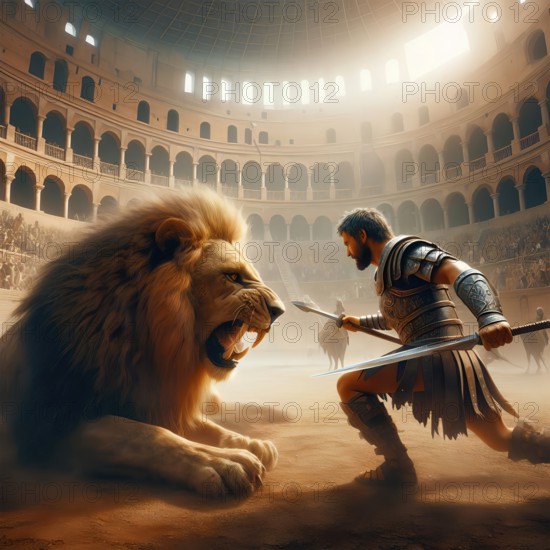 Roman Empire, a gladiator fights in the arena with a lion, AI generated, AI generated