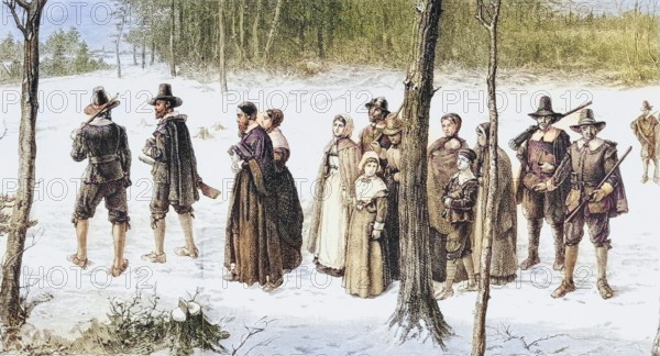 Pilgrim Fathers on their way to church. From American Pictures Drawn With Pen And Pencil by Rev