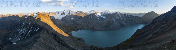 Evening mood, mountain panorama, aerial view, 4000 metre peak with glacier, mountain pass and