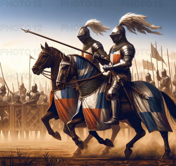Two medieval knights ride on horseback in armour, helmet and with a lance to a jousting tournament,