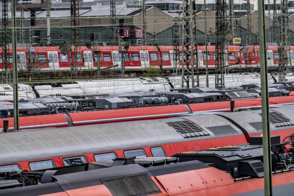 Local trains on the track in front of Frankfurt am Main Central Station, Skyline, Hesse, Germany,