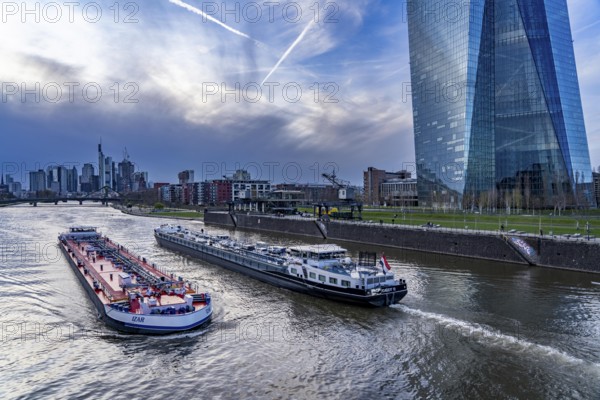 Skyline of Frankfurt am Main, skyscrapers, business and banking district in the city centre, cargo