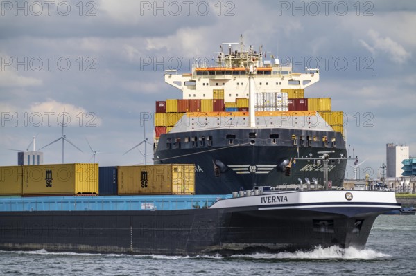 Europahaven, MSC Laura container freighter being towed by harbour tugs, seaport of Rotterdam,