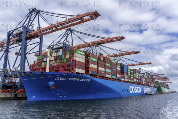 Euromax Container Terminal, container freighter Cosco Shipping Universe being loaded and unloaded,