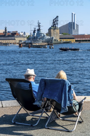 Pier, shore at Nordre Toldbod, deckchairs, harbour, at Langelinie Park, Copenhagen, Denmark, Europe