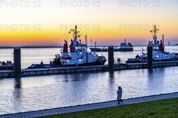 The tugboat pier, harbour tugs waiting for their next assignment, at the New Harbour, sunset over