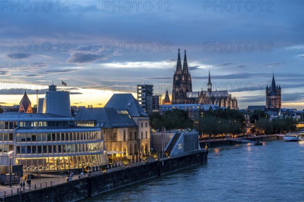 Skyline with Cologne Cathedral, Groß St. Martin Catholic Church, Chocolate Museum, Sunset, Rhine,