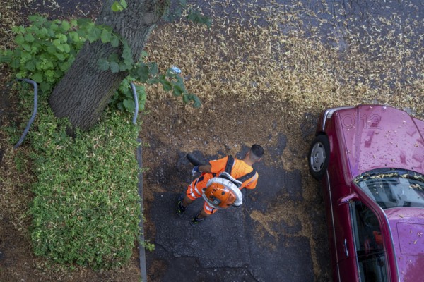 Street cleaning, an employee of the municipal city cleaning service, cleans pavements and parking