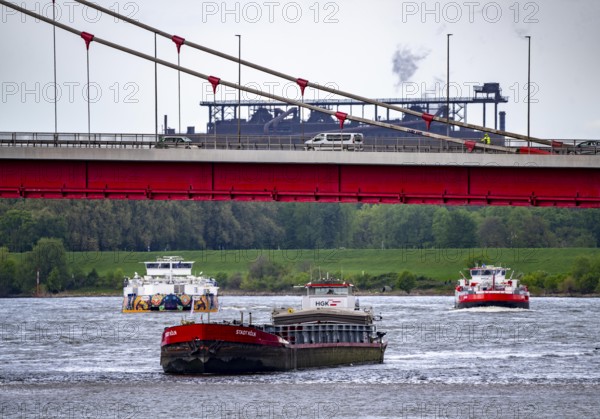 Cargo ships on the Rhine near Duisburg, near Ruhrort harbour, Friedrich Ebert Bridge, behind