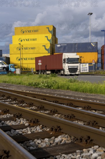 Container of the Chinese goods train operator YXE from Yiwu, China, part of the Silk Road route